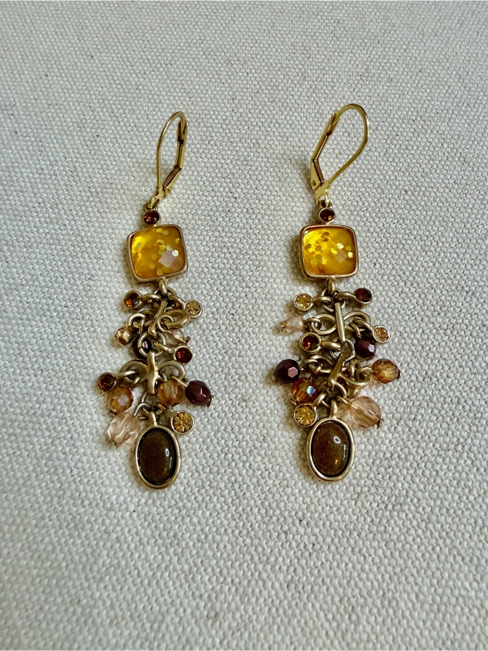 Vintage Gold-Tone Earth Tone Cluster Lever Back Drop Earrings